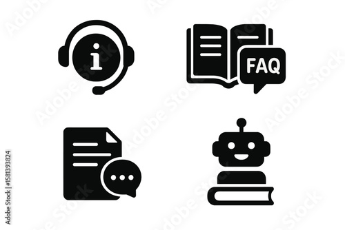 Customer Support and Information Icons Set. Vector Glyph Pictograms for Help Center, Documentation, Knowledge Base, FAQ, Chatbot, Tutorial, Book, Document, Speech Bubble