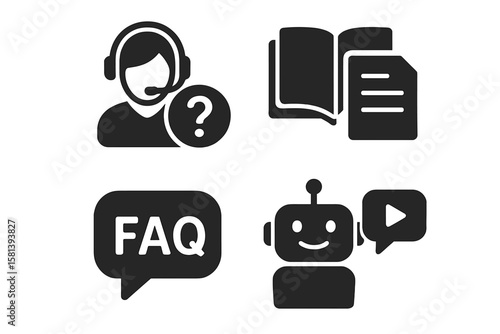 Customer Support and Information Icons Set. Vector Glyph Pictograms of Help Center, Documentation, Knowledge Base, Book, Document, FAQ, Chatbot, Tutorial, Speech Bubble