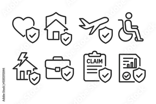 Insurance and protection line icon vector set including health, home, travel, disability, property damage, business liability, claim, and risk icons in modern outline style.