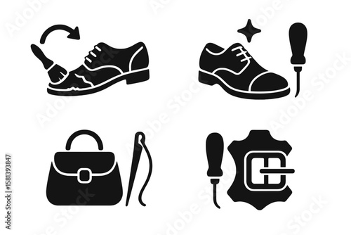 Leather Shoe Repair and Restoration Icon Set. Footwear Cleaning, Polishing, Bag Stitching, Buckle Maintenance. Handcrafted Leathercraft Tools, Shoe Care, Accessory Repair Vector