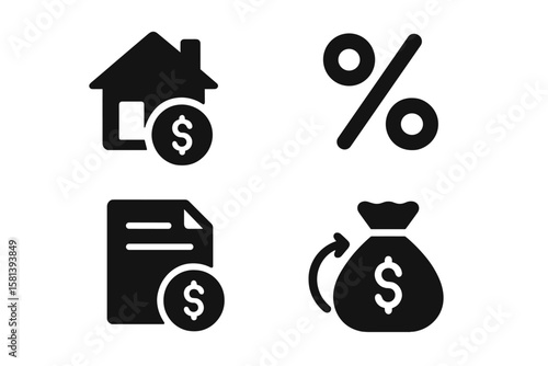 Loan Finance Icon Set – Mortgage, Interest Rate, Loan Agreement, Money Bag, Repayment, Banking, Credit, Black Silhouette Vector Collection for Financial Concepts