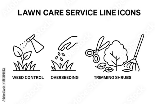 Lawn Care Service Icons Set. Thin Linear Vector Illustrations of Weed Control, Overseeding, Shrub Trimming, Leaf Removal, Seasonal Cleanup, Irrigation. Professional Gardening Symbols