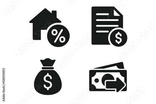 Finance and Loan Icon Set. Vector Glyphs of Mortgage, Interest Rate, Loan Agreement, Money Bag, Repayment, Banking, Credit, Payment, Financial Document, Dollar Symbol, Black Silhouette