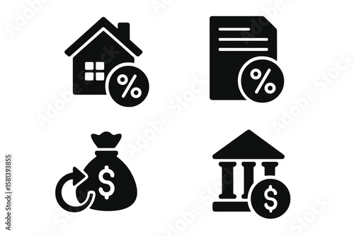 Loan and Finance Icon Set – Mortgage, Interest Rate, Loan Agreement, Money Bag, Repayment, Banking, Credit, Black Silhouette Vector Collection for Financial Concepts