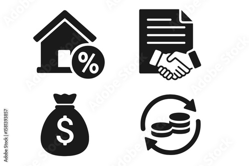 Mortgage Loan Finance Icon Set. Vector Glyph Pictograms of Home Percentage, Loan Agreement, Money Bag, Repayment, Banking, Credit, Interest Rate, Black Silhouette Concept