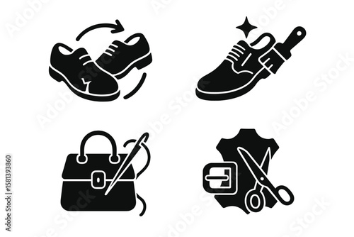 Leather and Shoe Repair Service Icon Set. Footwear Restoration, Shoe Cleaning, Bag Stitching, Leathercraft Tools, Customization, Maintenance, Handbag Repair, Buckle, Handcraft