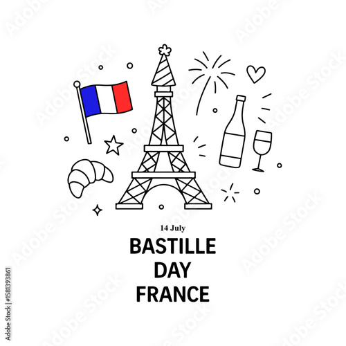Bastille Day Celebration Icon Set with Eiffel Tower and French Symbols