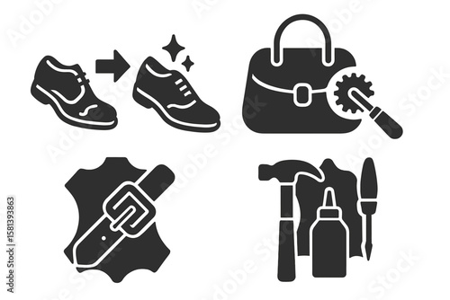 Leather and Shoe Repair Service Icon Set – Footwear Restoration, Bag Maintenance, Belt Buckle, Leathercraft Tools, Handcrafted Customization, Professional Care Symbols