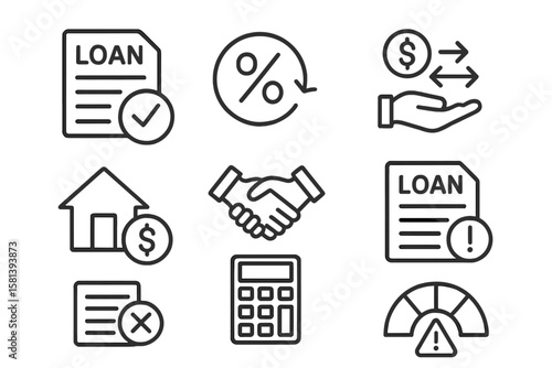 Loan and financing line icon collection. Vector illustration set includes approval, interest rate, repayment, mortgage, agreement, penalty, rejection, calculator, credit risk.