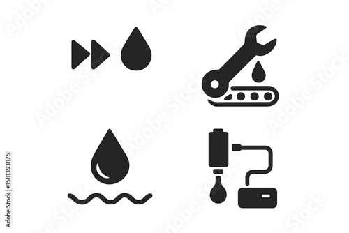 Manufacturing glyph icon set of 4, vector pictograms of forward and reverse motion, fluid droplet, tool wrench, lubrication, conveyor, hydraulic, pneumatic systems