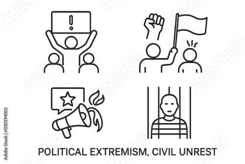 Political extremism and civil unrest vector line icons set with protest, rebellion, societal conflict, propaganda, Molotov cocktail, political prisoner, activism symbols