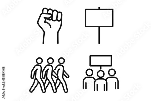 Protest and Activism Line Icon Set of 4 with Raised Fists, Placard, March, Demonstration Symbols, Civil Rights Movement, Freedom of Speech, Thin Linear Vector Illustration