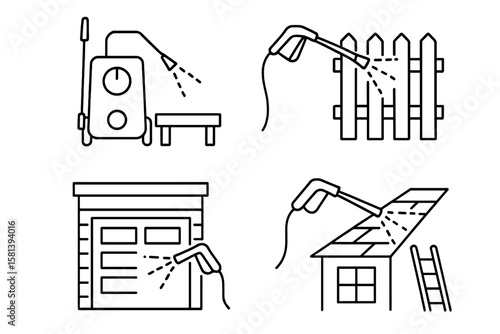 Power Washing Line Icon Set of 4, Vector Pictograms Featuring Washer Machine, Deck, Patio, Fence, Siding, Garage, Window, Ladder, Roof Cleaning, Thin Linear Illustration