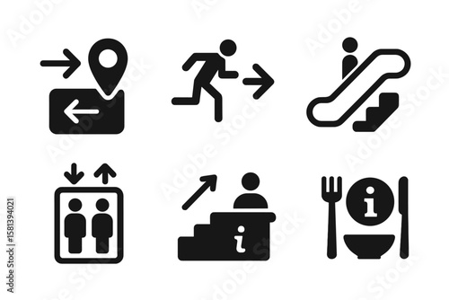 Public space wayfinding glyph icon set, vector pictograms of navigation, emergency exit, escalator, elevator, stairs, info desk, extinguisher, food court, black signs