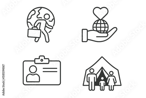 Refugee crisis humanitarian aid vector icons set, migration support, global relief efforts, displaced person ID card, tent shelter, family assistance, emergency aid symbols