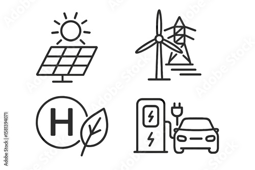 Renewable energy and low emission sustainable power system icons set with solar, wind, hydrogen, and electric vehicle charging symbols for clean energy generation and smart grid