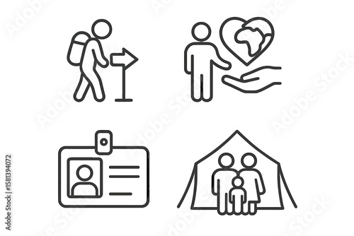 Refugee Crisis Humanitarian Aid Line Icon Set – Migration Assistance, Global Support, Displaced Person ID, Family Tent Shelter, Relief Efforts Vector Illustration