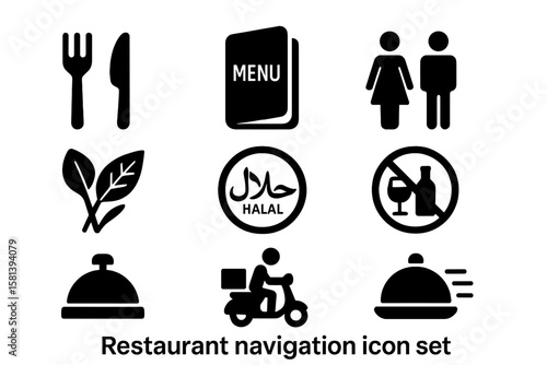 Restaurant navigation icon set, vector pictograms of food service, menu, restroom, vegan, halal, alcohol-free, bell, delivery, black silhouette symbols