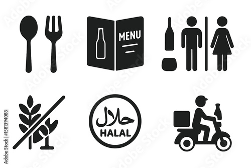 Restaurant navigation glyph icon set with 4 vector pictograms featuring service bell, menu, restroom, vegan, gluten-free, halal, alcohol, delivery, black silhouette signs for food and hospitality
