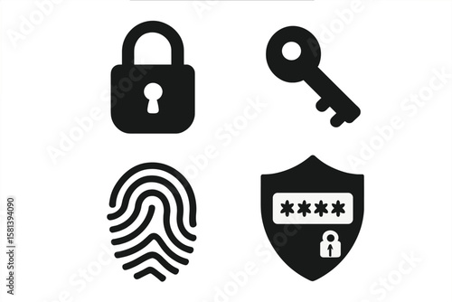 Security and privacy icon set with lock, key, fingerprint, shield, passcode symbols. Vector glyph pictograms of protection, access control, cybersecurity, data safety, black silhouette