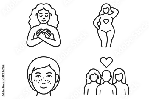 Self-Love and Body Positivity Line Icon Set of 4, Vector Pictograms Featuring Self-Acceptance, Mental Well-Being, Curvy Silhouette, Curly Hair, Diversity, Freckled Face, and Empowerment