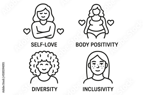 Self-Love & Body Positivity Line Icon Set of 4, Vector Pictograms of Self-Acceptance, Mental Wellness, Curvy Silhouette, Curly Hair, Diversity, Inclusivity, Freckled Face