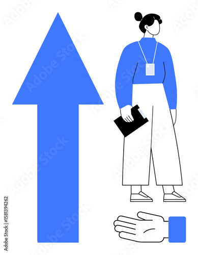 Blue upward arrow beside a woman holding a clipboard and an open hand symbolizing guidance. Ideal for teamwork, leadership, success, empowerment, evaluation, achievement, simple flat metaphor