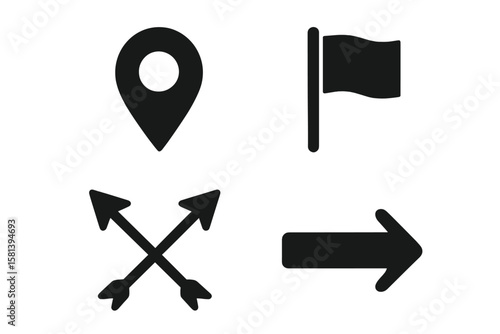 Navigation icon set with map location pin and destination flag. Start and finish symbols. Crossed arrows for direction and right pointer arrow. Vector glyphs for travel, route & GPS.