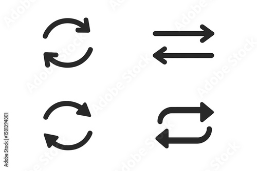 Double reverse arrow set icons, convert sign, replace icon, return icons. Transparent PNG, vector illustration, circular arrows, refresh symbol, reload icon, swap, loop.