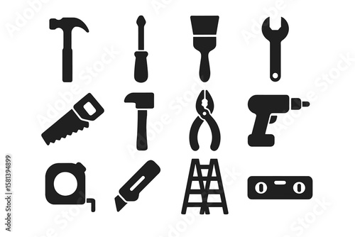 Construction Tools Icon Set. Black Silhouette Hand Tools Collection. Hammer, Screwdriver, Saw, Drill, Wrench, Pliers, Tape Measure, Utility Knife, Ladder, Paint Brush, Level. Vector Illustration.