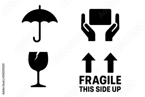 Packaging and warning symbols set, fragile cargo icons, fragile package warning signs, umbrella, box in hands, cracked glass, this side up arrows, logistics, delivery, shipping
