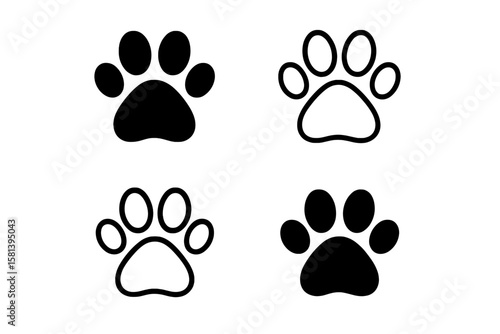 Paw footprint icon set, paw print icons in different styles, cute animal tracks, transparent PNG and vector illustration, pet paw prints collection