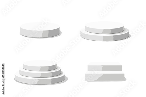 Realistic 3D podiums, pedestals, platforms, round cylinders, stairs, empty stages for presentations and displays, transparent PNG and vector illustration templates