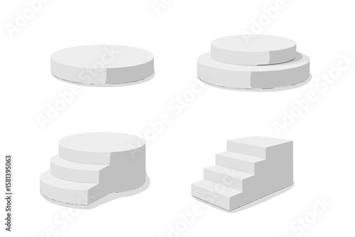 3D Pedestal and Platform Stand, Round Cylinder Stage, Empty Podium with Stairs, Realistic 3D Template, Transparent PNG, Vector Illustration, Display Base, Exhibition Stand