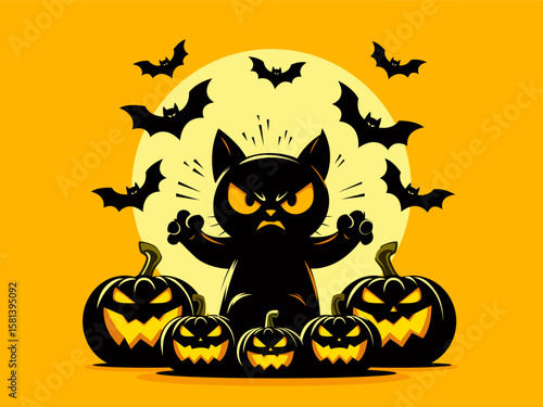 Halloween cat character design illustration. Happy Halloween party invitation card with spooky pumpkin, black cat and bat. Halloween Black cat silhouette. Orange background. Halloween scary black cat