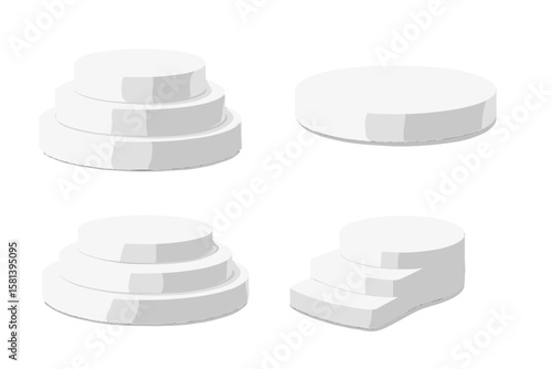 3D realistic pedestal and platform set, round empty stages and podium stairs, cylinder stand stage, transparent PNG and vector, modern podium template for presentations