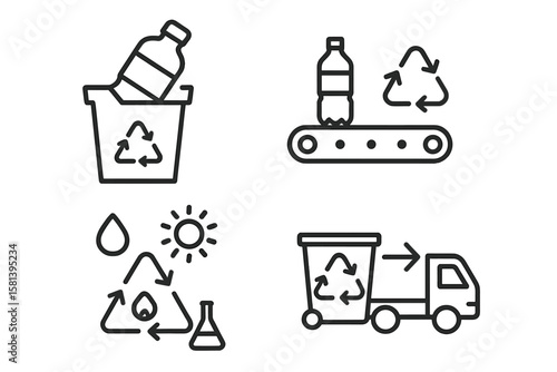 Plastic recycling process icon set of 4, vector pictograms of waste management, conveyor belt, sustainability, reuse, energy recovery, thermal and chemical recycling, sorting process, recycling bin