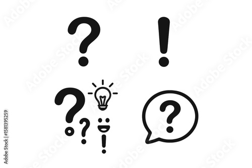 Question and exclamation mark icon set, question and exclamation symbols, finding answers, warnings, alerts, asking and admiration signs, FAQ query icons, communication symbols