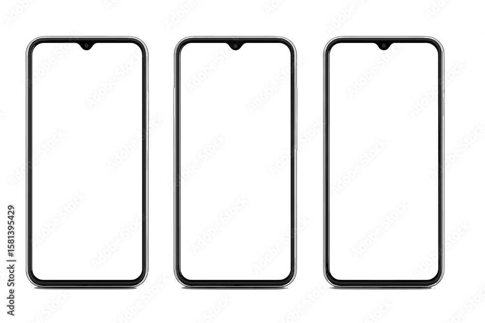 Modern Smartphone Mockup Set. Three 3D Mobile Phones with Blank White Screens Isolated on White Background. Realistic Front View Template for App Design, UI Presentation, Transparent PNG Modern Smartphone Mockup Set. Three 3D Mobile Phones with Blank White Screens Isolated on White Background. Realistic Front View Template for App Design, UI Presentation, Transparent PNG