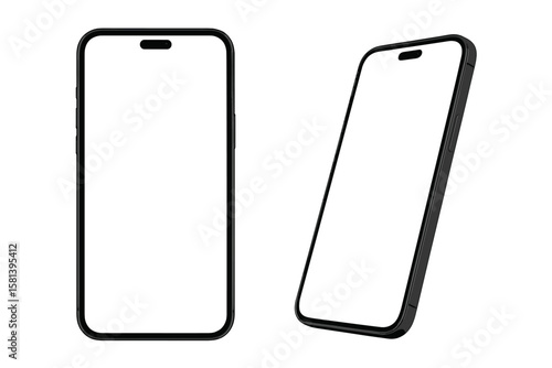 Smartphone mockup with blank white screen, detailed 3D mobile phone model, black and white front and angled views, UI UX template, modern mobile device, tech mockup