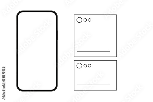 Smartphone with blank square social media post templates, front view mockup, transparent background, vector illustration, mobile phone design, empty frame for content, modern device display