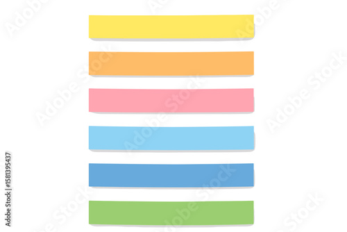 Colorful sticky note strips set. Thin rectangular adhesive post-it notes in yellow, orange, pink, light blue, blue, green. Isolated office stationery with shadows, white background.