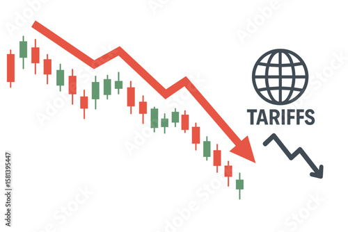 Stock market decline from global tariffs, economic recession, financial crisis, candlestick trading chart, forex and equities analysis, international trade downturn