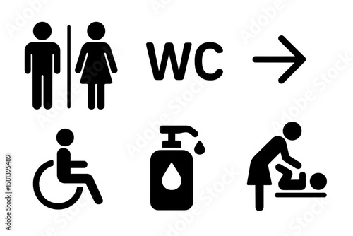 Toilet icons set, restroom signs collection, male & female WC symbols, handicap wheelchair accessible, sanitizer dispenser, WC direction arrow, baby changing room, vector