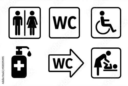 Toilet icons set, restroom signs collection, WC symbols, male female restroom, handicap wheelchair access, sanitizer dispenser, WC direction arrow, baby changing room, vector