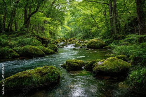 Serene forest stream flows gently over moss-covered rocks, lush green foliage arching overhead, creating a tranquil, shaded scene