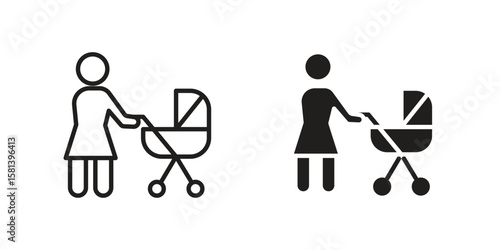 Woman with Baby Stroller icon design element. Editable stroke. Vector