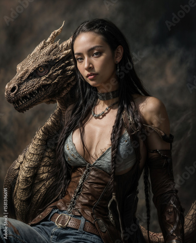 A portrait of a young woman with her dargon 