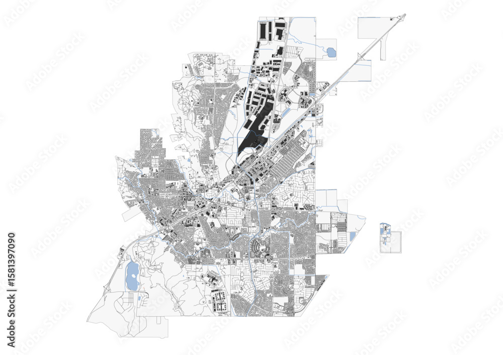 Fototapeta premium Vector map of Vacaville, CA: detailed building footprints, clear highway network, and prominent local waterways (creeks/reservoirs). 