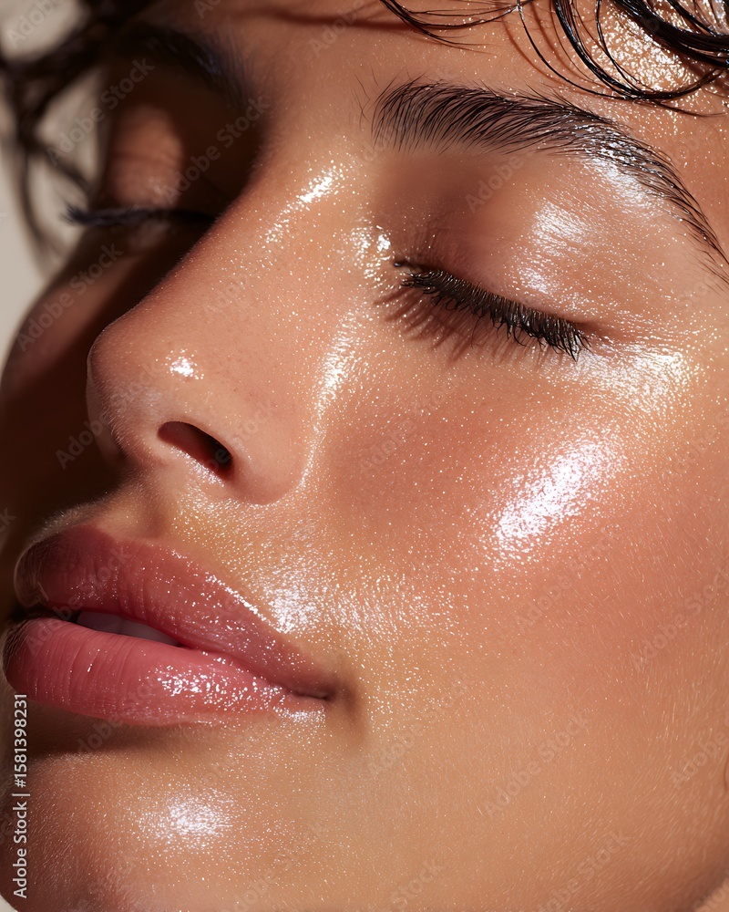 Fototapeta premium A light glossy sheen of skincare cream is applied to a Latin woman's cheek. Focus on the healthy glow of her skin. Clean background.